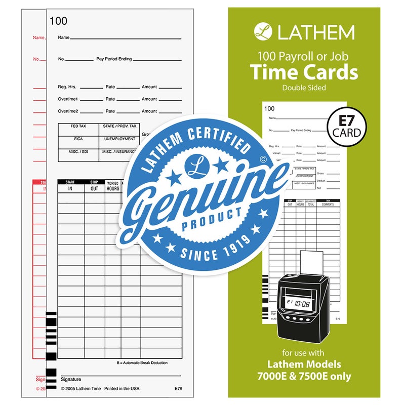 Lathem Universal Payroll/Job Time Cards  Double-Sided  For Lathem 7000E / 7500E Time Clocks  100 Pack  E79-100  White - Image 4